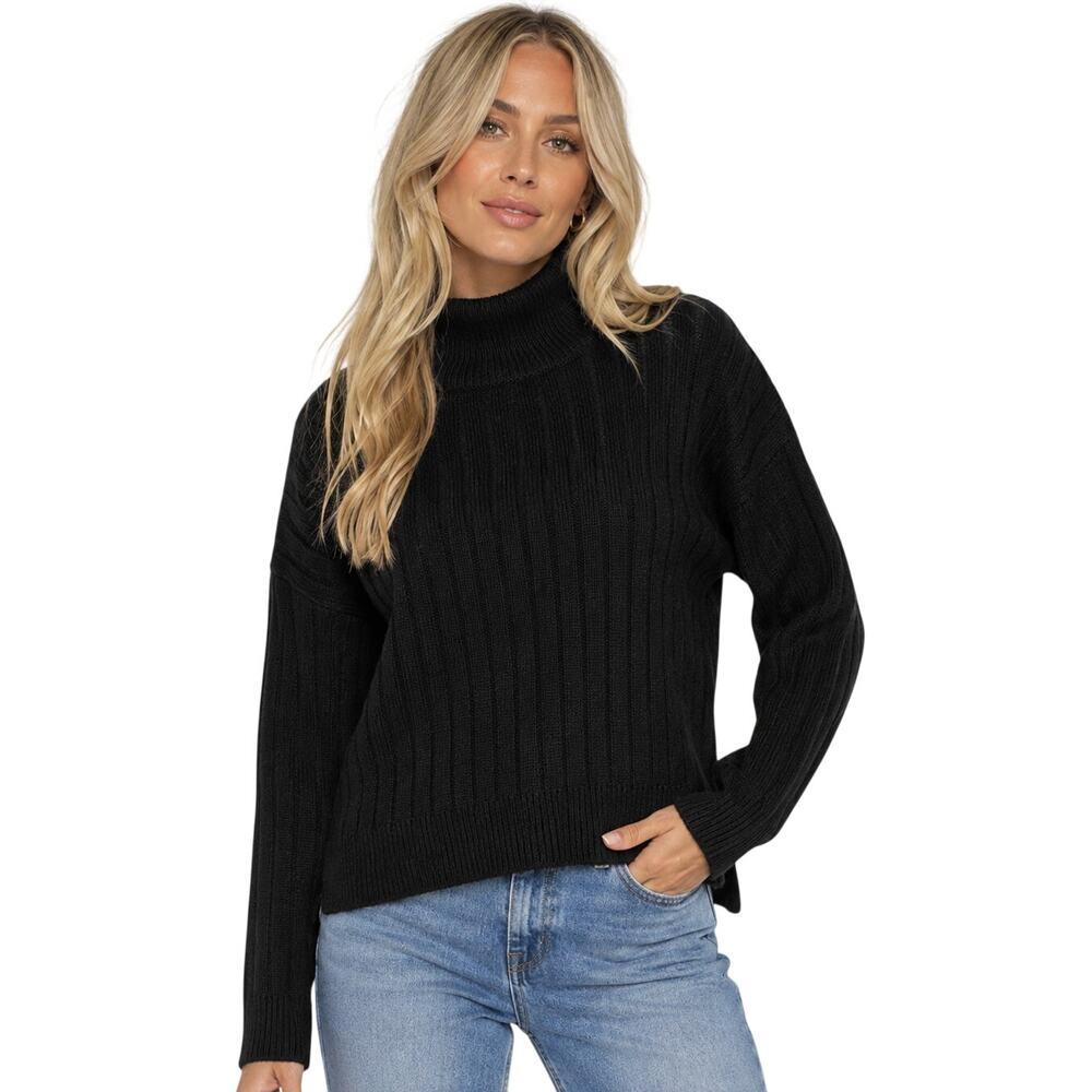 Womens Black Knit Funnel Neck Sweater